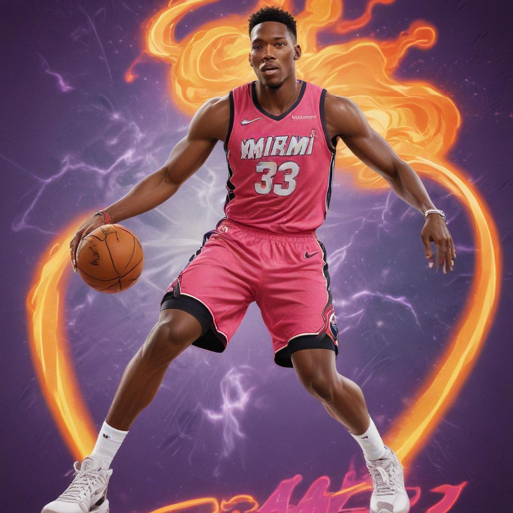 distance-shot, flashy, full-body, dynamic, holographic, animated cartoon poster of miami heat player bam adebayo in the style of dragon ball super