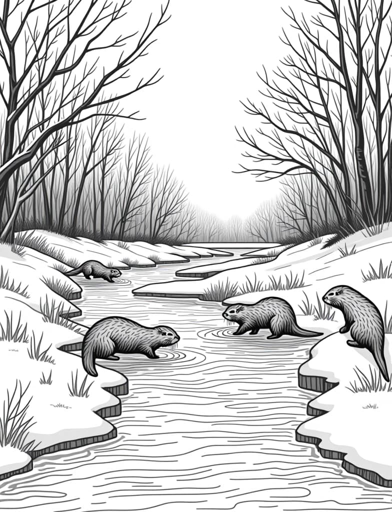  this is for an adult coloring page. a detailed black and white line art of a snowy snowy riverbank with a family of otters playing on a solid white background.