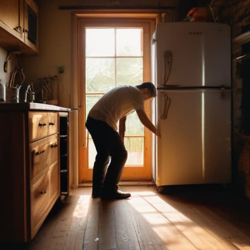 A photo of a skilled technician meticulously repairing a vintage refrigerator in a rustic country kitchen during the late afternoon, with warm sunlight streaming through a nearby window casting long shadows across the worn wooden floor.