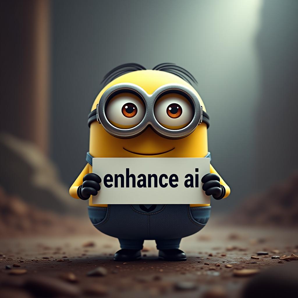  a minion , masterpiece,(holding up a sign with the word "enhance ai"), epic background, positive emotional,