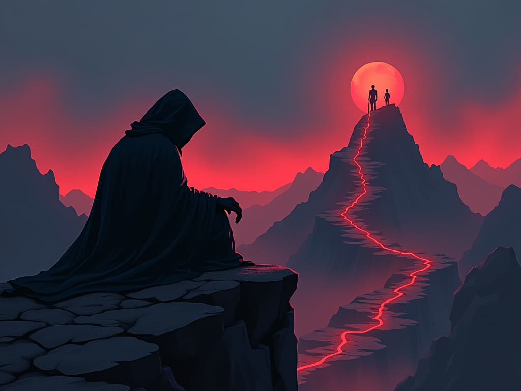  a cloaked figure, sitting on a rocky outcrop under a twilight sky, gazing up at ascending figures on radiant pathways. the outcrop is crumbling, symbolizing their frustration as they watch others around them continue to grow and succeed.. the style is dark fantasy and mysterious occult, symbolic, moody lighting, esoteric vibe,high detail on character design. for the color scheme emphasize blacks and reds.