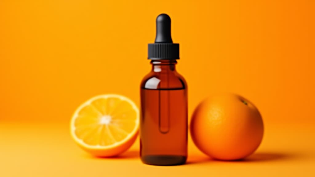  citrus essential oil in a glass bottle with dropper and orange on orange background