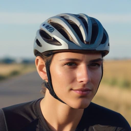 An image of a cyclist's helmet showcasing (((ventilation))) holes, in sporty outfit, looking ahead on a country road, cycling, clear morning light, detailed, realistic.