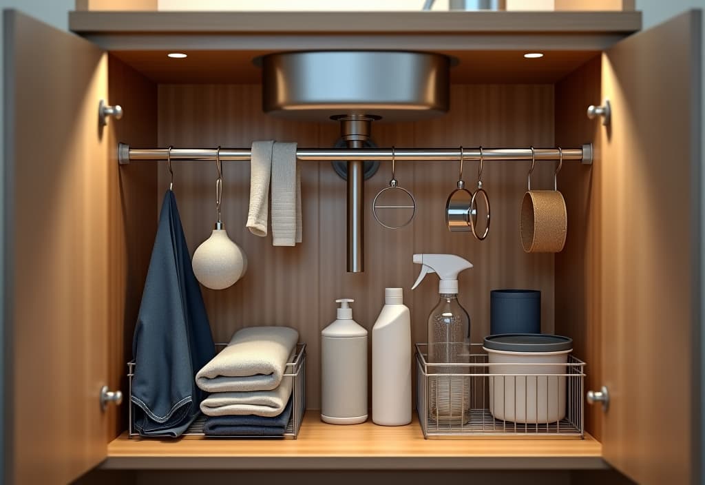  a landscape photo of a close up of a beautifully organized under sink area in a small kitchen, featuring tiered sliding organizers, hanging racks for cleaning supplies, and water resistant liners hyperrealistic, full body, detailed clothing, highly detailed, cinematic lighting, stunningly beautiful, intricate, sharp focus, f/1. 8, 85mm, (centered image composition), (professionally color graded), ((bright soft diffused light)), volumetric fog, trending on instagram, trending on tumblr, HDR 4K, 8K