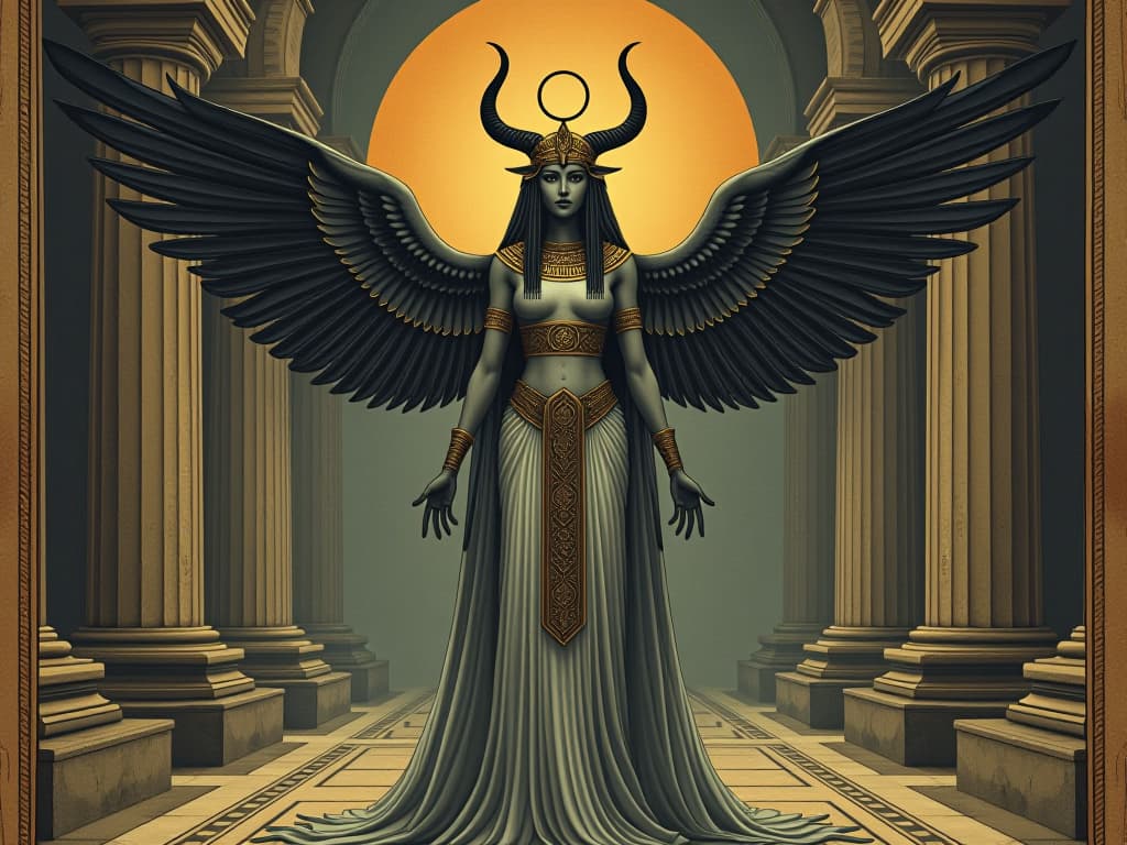  ancient egyptian goddess isis, regal and majestic, elaborate headpiece with solar disc and horns, standing in an ancient temple, mystical, reverent presence an illustration in the style of a worn, mystical old tarot trump card, mysterious and elements of surrealism. the colors are muted, somber and eerie, but with contrast bring out an occult and esoteric vibe.