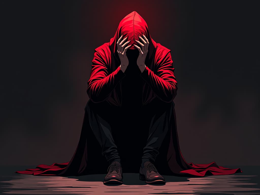  figure in red garments, sitting in a darkened room, head in hands, aura of anxiety and depression. the style is digital art illustration / modern comic book / graphic dark novel fantasy and mysterious occult, symbolic, moody lighting, esoteric vibe,high detail on character design. for the color scheme emphasize blacks and reds.