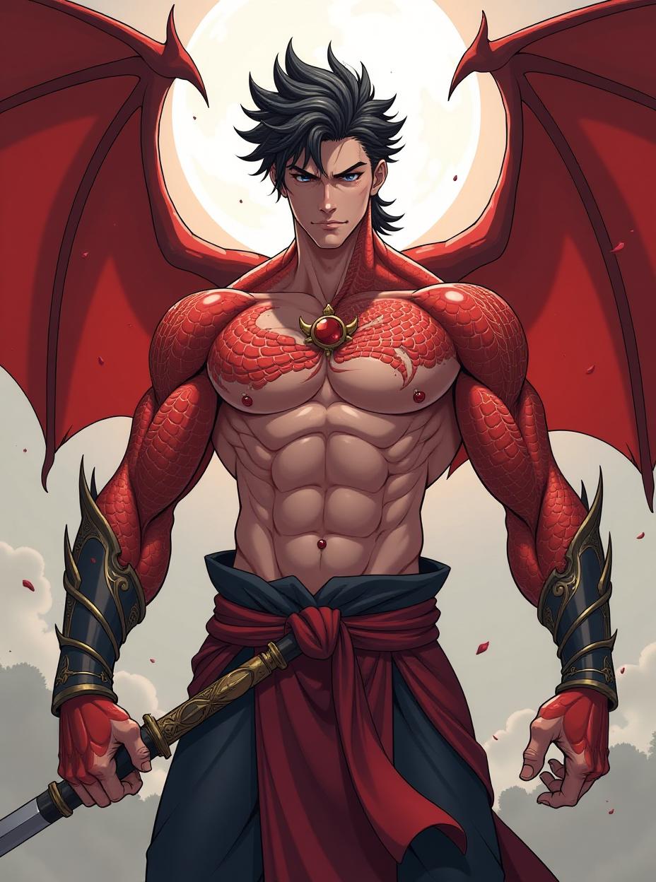  anime, anime sytle, anime image, cartoon, real cartoon, real anime, full frontal handsome and muscular young male warrior with dragon skin and wings