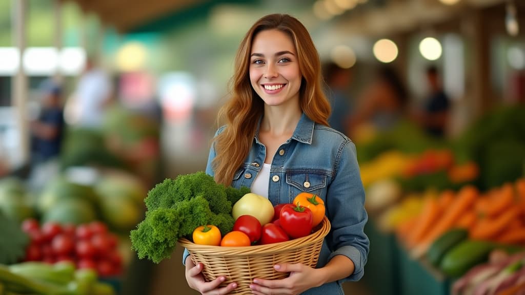  young woman holds a basket of fresh produce at a farm market. a woman smiles while carrying a basket filled with colorful vegetables at a market.