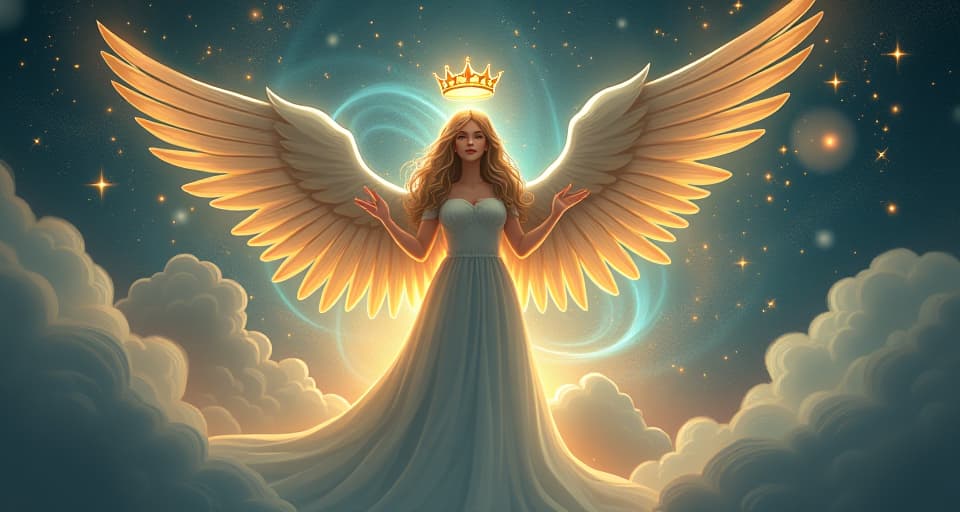  a majestic angel, adorned with a luminous crown, standing amidst a celestial landscape filled with swirling stars and radiant cosmic patterns. the scene, aspirational and significant, indicating a divine calling.. the style is digital art illustration,highly detailed, whimsical,magical, dreamlike atmosphere, realism and fantasy blend, smooth, glossy textures,luminous quality, wonder and enchantment.