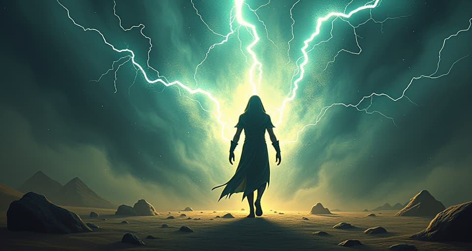  a dense surge of storm energy in the air, electrically charged, a figure in the midst of it, absorbing and shaping the force.. the style is digital art illustration / modern comic book / mysterious occult, symbolic, esoteric vibe,high detail on character design, incorporating ancient egyptian symbology and attire.