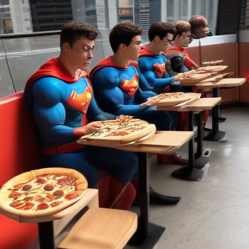 superhero seating and eating pizza