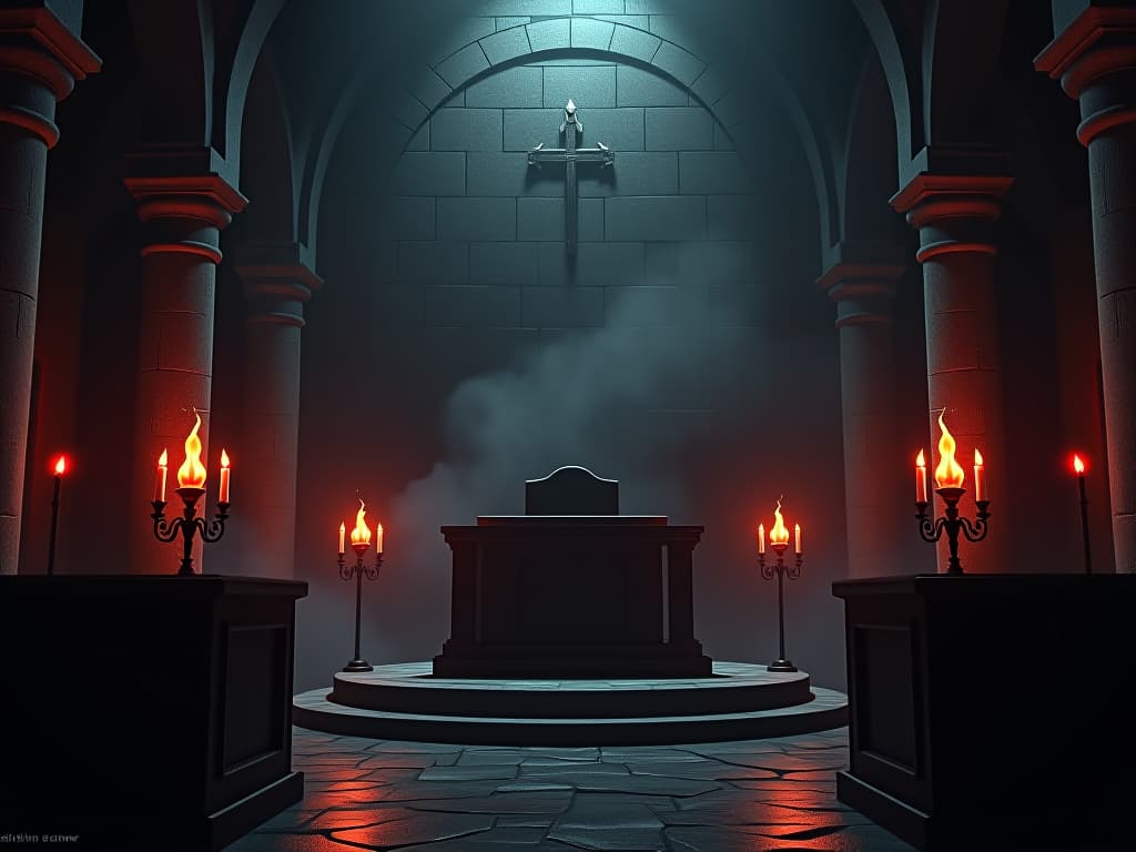  gothic courtroom, dark stone walls, flickering torches casting ominous shadows, central wooden podium, empty judge's chair, atmosphere of dread and tension. the style is dark fantasy and mysterious occult, symbolic, moody lighting, esoteric vibe,high detail on character design. for the color scheme emphasize blacks and reds.