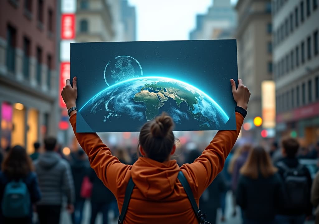  activist holding digital banner in urban protest for climate change awareness photo realistic image illustrating the impact of activism in addressing environmental issues in urba