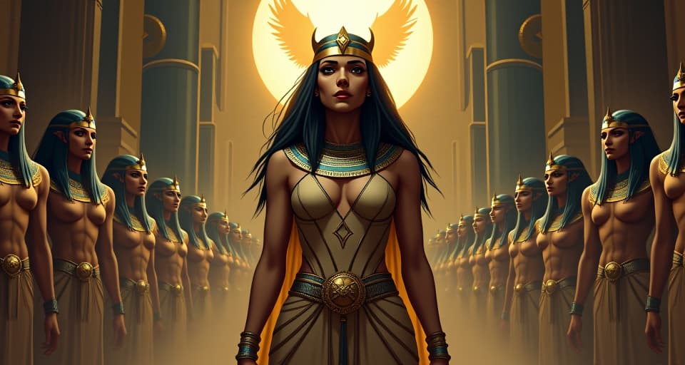  a powerful egyptian queen in an ornate, tight gown, restraining herself with a calm expression, standing before a tribunal of gods, atmosphere of withheld power. the style is digital art illustration / modern comic book / mysterious occult, symbolic, esoteric vibe,high detail on character design, incorporating ancient egyptian symbology and attire.