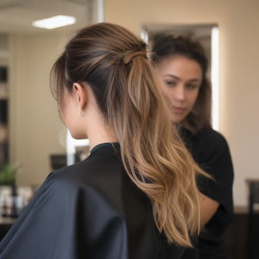 An image of a professional female hairdresser wearing a black apron standing in a modern (((hair salon))) styling a client's hair with advanced techniques like balayage and cornrows. The client, with diverse hair types, is seated facing away from the camera, allowing a clear view of the styling process on their hair. In the background, mirrors reflect the intricate details of the advanced hairstyles being created, soft, warm lighting highlights the texture and color variations in the hair, detailed, realistic.