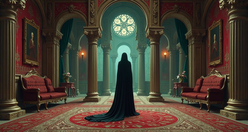  lavish palace interior, rich tapestries and gemstones, central figure standing unaffected, serene, centered. an illustration in the style of a worn, mystical old tarot trump card, mysterious and elements of surrealism. the colors are muted, somber and eerie, but with contrast bring out an occult and esoteric vibe.