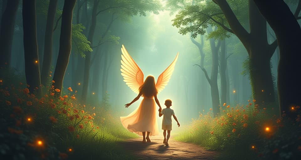  an ethereal angel walking alongside a glowing figure through an enchanted forest, symbolizing divine companionship. the scene is filled with magical flora and celestial light, underlining god's supportive presence.. the style is digital art illustration,highly detailed, whimsical,magical, dreamlike atmosphere, realism and fantasy blend, smooth, glossy textures,luminous quality, wonder and enchantment.