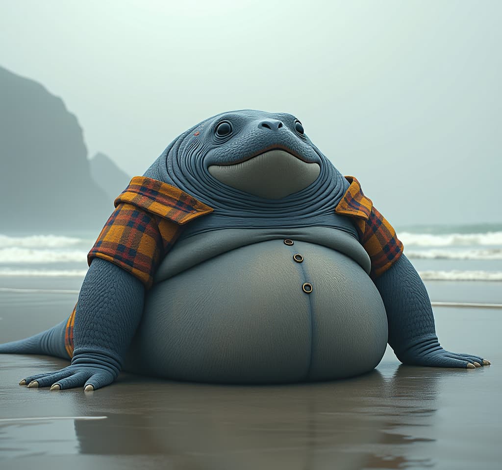  the fat furry whales on the beach, he's got a big fat belly, fat frogs, he's got all fat hyperrealistic, full body, detailed clothing, highly detailed, cinematic lighting, stunningly beautiful, intricate, sharp focus, f/1. 8, 85mm, (centered image composition), (professionally color graded), ((bright soft diffused light)), volumetric fog, trending on instagram, trending on tumblr, HDR 4K, 8K