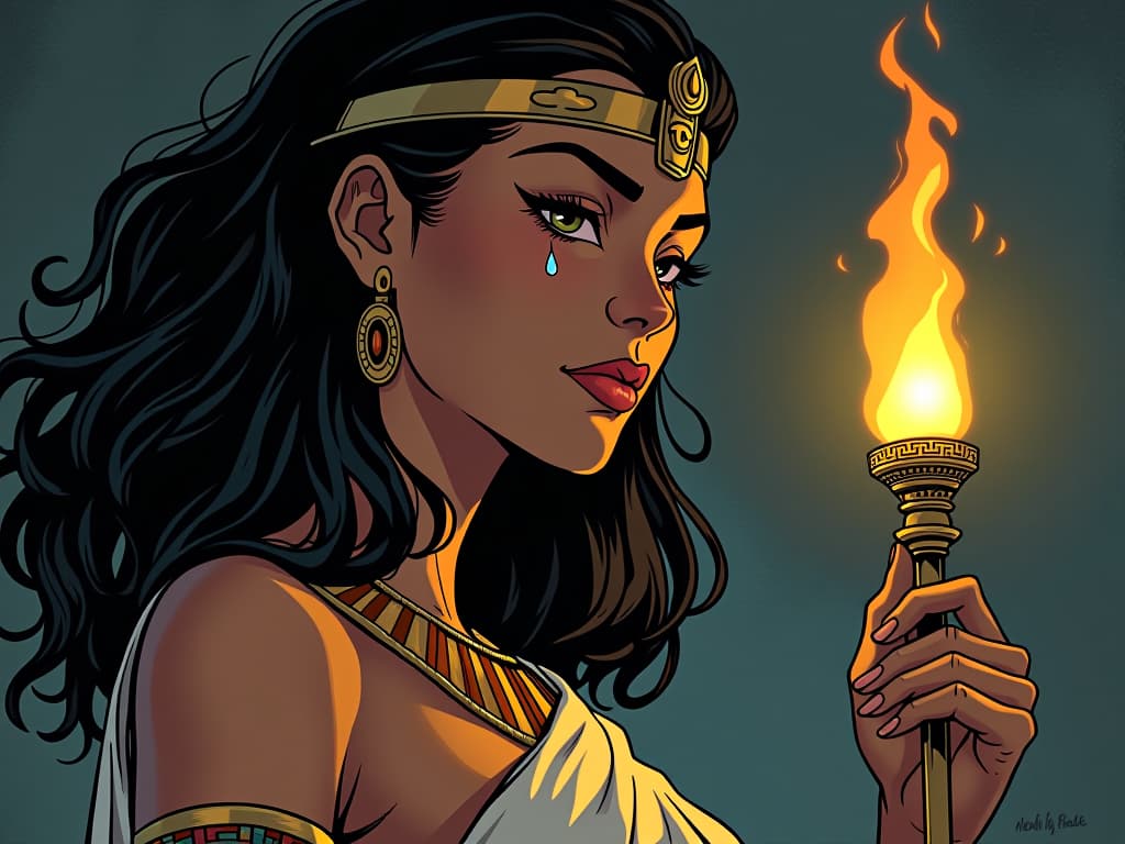  a single tear falling from the eye of a large busted egyptian woman in tight linen robes, illuminated by the light of a sacred flame, symbolizing a mundane event moving you to tears. the style is digital art illustration / modern comic book / mysterious occult, symbolic, esoteric vibe,high detail on character design, incorporating ancient egyptian symbology and attire.