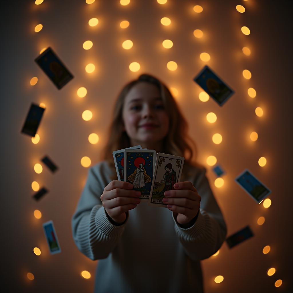  a girl against a backdrop of little lights is holding tarot cards that are flying away.