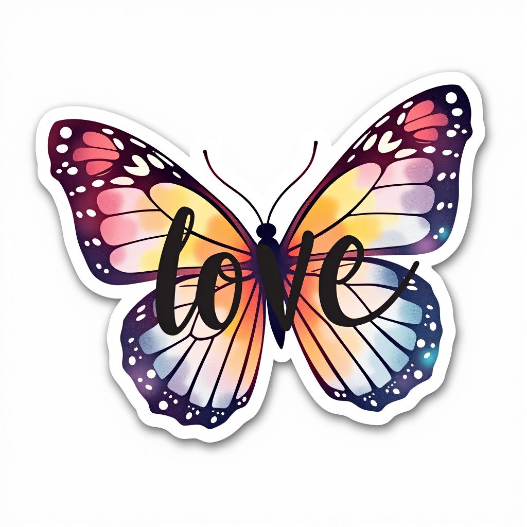  design a logo, custom sticker design on an isolated white background decorated by watercolor butterfly, with the text ‘love’