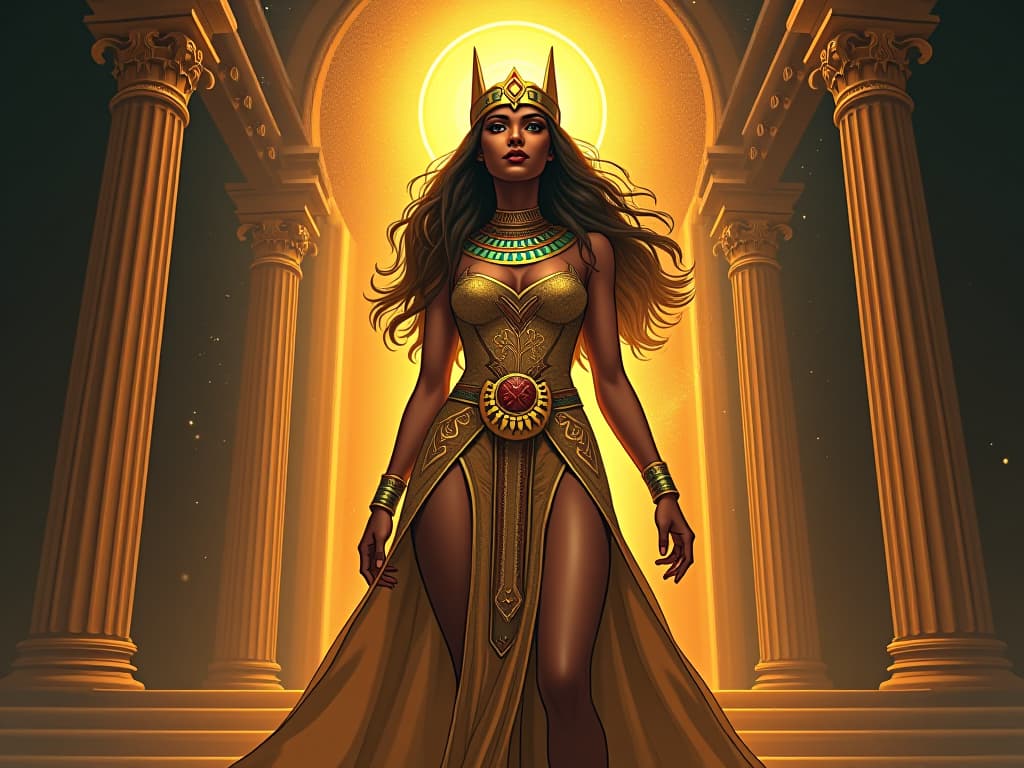  priestess in a dazzling, form fitting gown, standing before a golden altar, radiant energy surrounding her, symbolizing the creation of powerful synergy. the style is digital art illustration / modern comic book / mysterious occult, symbolic, esoteric vibe,high detail on character design, incorporating ancient egyptian symbology and attire.