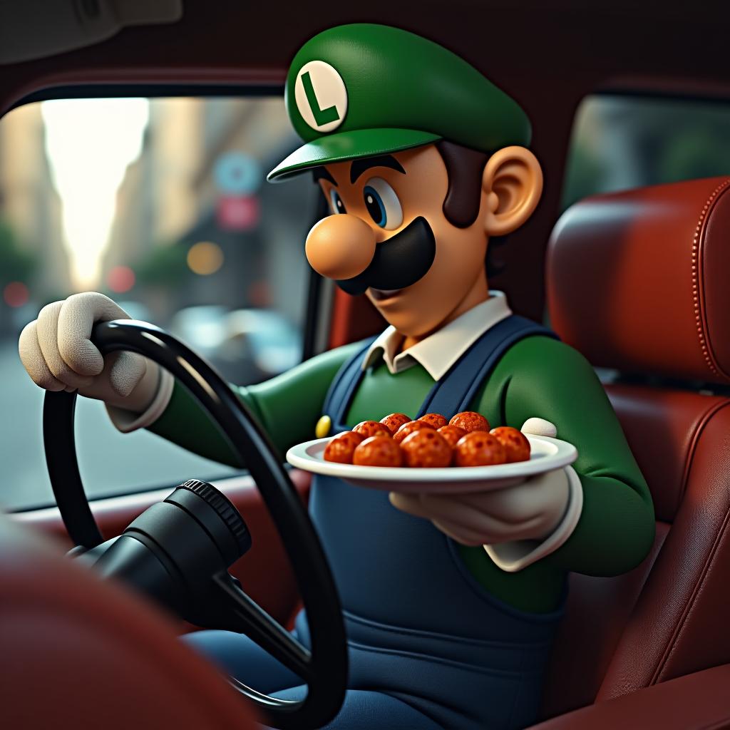  create me a sicilian immigrant that looks like luigi eating meatballs and driving a black range rover sport in the french quarter, award winning, professional, highly detailed, masterpiece