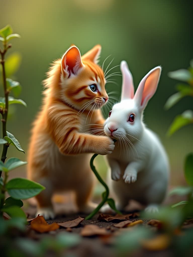  the orange kitten ran to the white rabbit, whose leg was tangled in the vine. using its agile paws, the orange kitten bit through the vine. photo realistic, highly intricate and detailed, masterpiece, ultra high res,photography,8k resolution