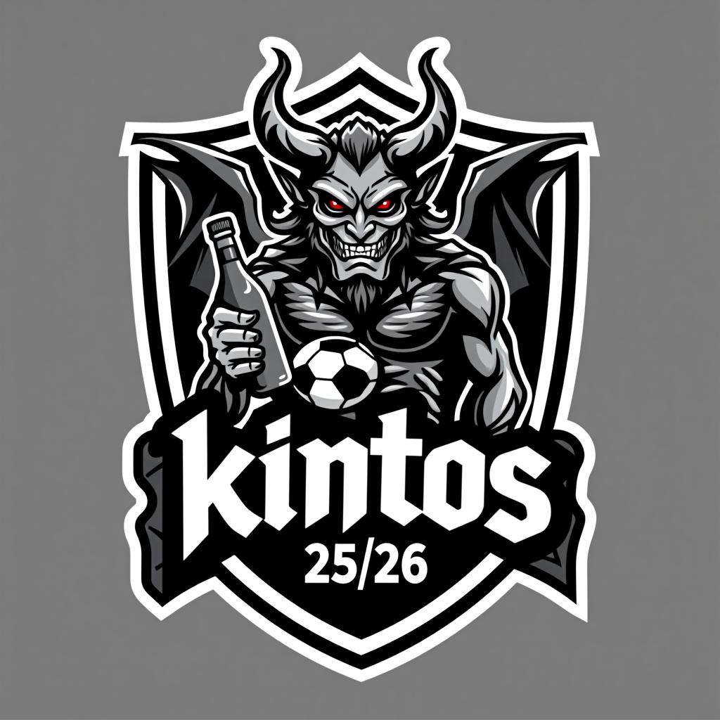  design a logo, hazme un logo, que contenga un demonio, una botella de jaguer,ron,vodka, un campanario,que sea en blanco y negro y que tenga forma de un escudo de un equipo de futbol y que tenga un letrero que ponga “kintos 25 26”, with the text 'kintos 25 26'.