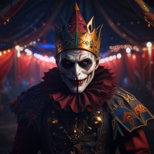 In a dark and twisted circus tent, a mysterious figure emerges from the shadows. The "Jester of Pain" stands tall, with a sinister grin on his face and a gleam in his eye. His colorful costume is adorned with skulls and spikes, a stark contrast to the bright lights of the circus. Around him, eerie shadows dance, adding to the sense of unease. His laughter echoes through the tent, sending chills down your spine. The Jester of Pain is a master of manipulation, using his tricks to bring his opponents to their knees. fantastical creatures or characters inspired by mythology, folklore, or popular culture. use vibrant colors, sharp lines, intricate details, dynamic poses, dramatic lighting, atmospheric backgrounds, and blend anime, manga, and Wes