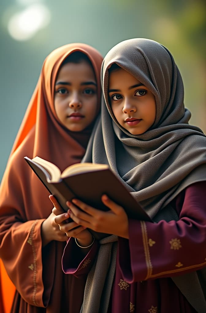  two girls from amani who memorize the quran and wear a headscarf hyperrealistic, full body, detailed clothing, highly detailed, cinematic lighting, stunningly beautiful, intricate, sharp focus, f/1. 8, 85mm, (centered image composition), (professionally color graded), ((bright soft diffused light)), volumetric fog, trending on instagram, trending on tumblr, HDR 4K, 8K