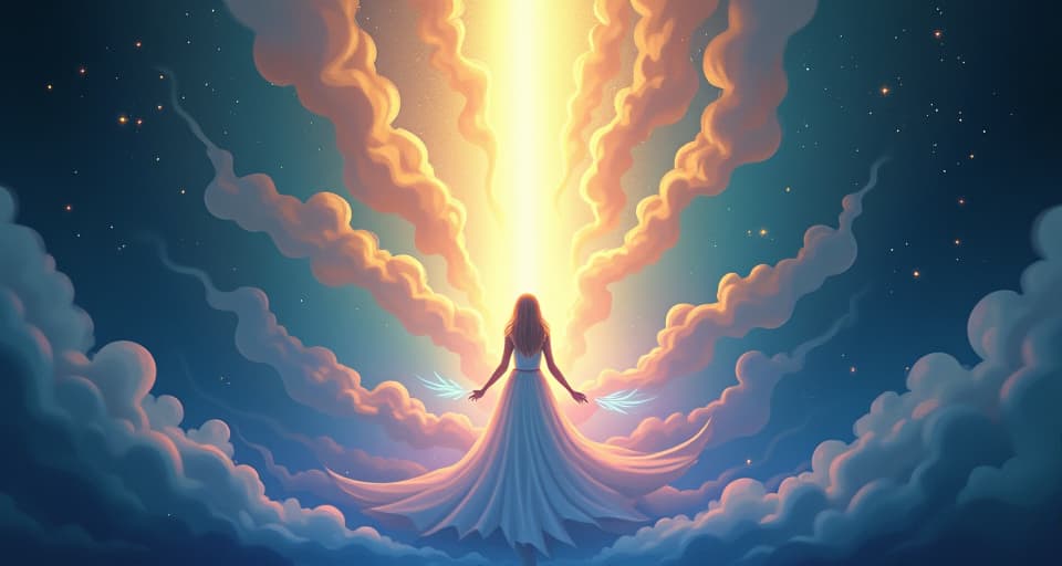  bright light path, ethereal role awaiting, celestial figure stepping forward, anticipation and destiny.. the style is digital art illustration,highly detailed, whimsical,magical, dreamlike atmosphere, realism and fantasy blend, smooth, glossy textures,luminous quality, wonder and enchantment.