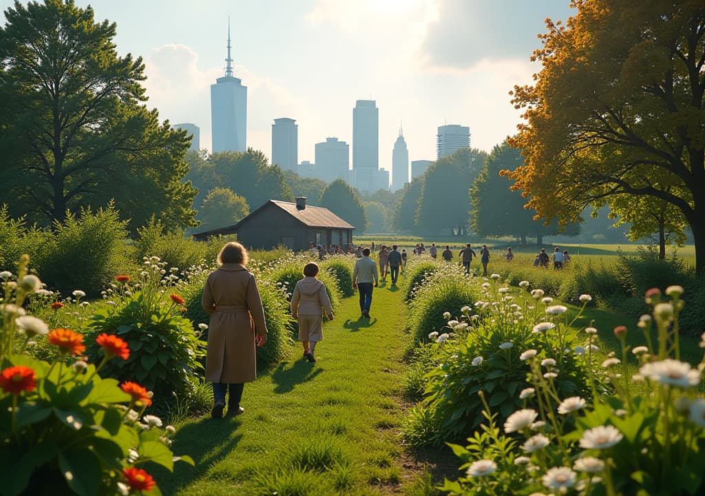  a charming view of riverdale farm in toronto, showcasing its lush gardens, friendly farm animals, and visitors engaging in activities, all set against the backdrop of the city skyline, capturing the essence of urban agriculture and community engagement. hyperrealistic, full body, detailed clothing, highly detailed, cinematic lighting, stunningly beautiful, intricate, sharp focus, f/1. 8, 85mm, (centered image composition), (professionally color graded), ((bright soft diffused light)), volumetric fog, trending on instagram, trending on tumblr, HDR 4K, 8K