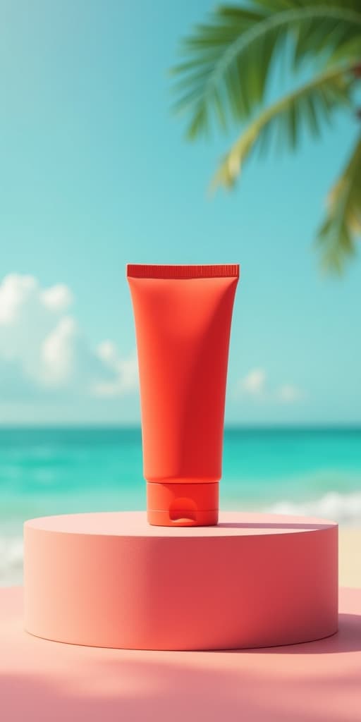  a round podium holding a red tube of sunscreen, high quality, high details, hd, perfect composition, 4k epic detailed, highly detailed, sharp focus, high resolution