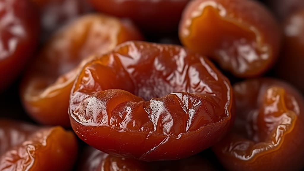  a close up of dried fruit, specifically dried plums. the fruit is brown and wrinkled, giving it a rustic and earthy appearance. concept of nostalgia and simplicity