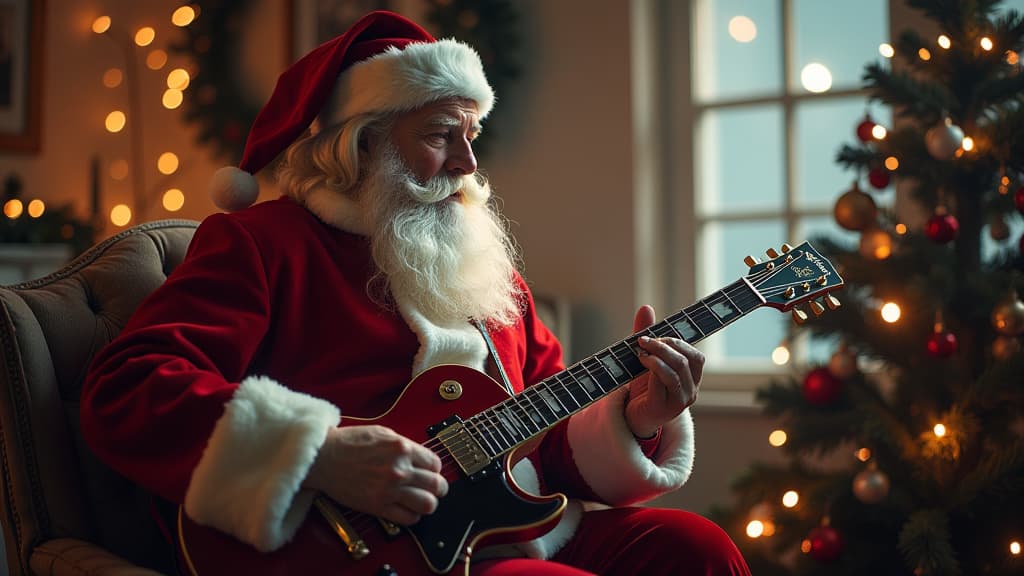  cinematic film style, santa claus as a rock star playing electric guitar surrounded by festive lights on white background ar 16:9, shallow depth of field, vignette, maximum details, high budget hollywood movie, bokeh, cinemascope, moody, epic, gorgeous, sun rays and shadows on furniture and surfaces, flattering light, raw photo, photography, photorealistic, 8k resolution, f1.4, sharpened focus, sharp focus