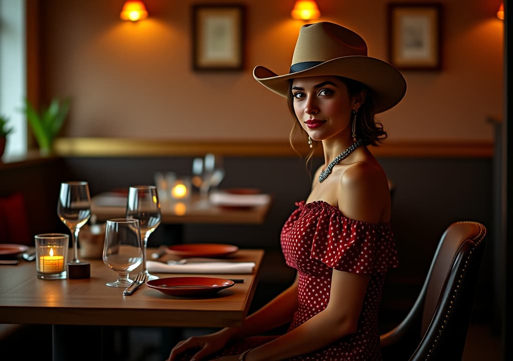  elegant woman in cowboy dress enjoying the ambiance of a refined tavern style eatery