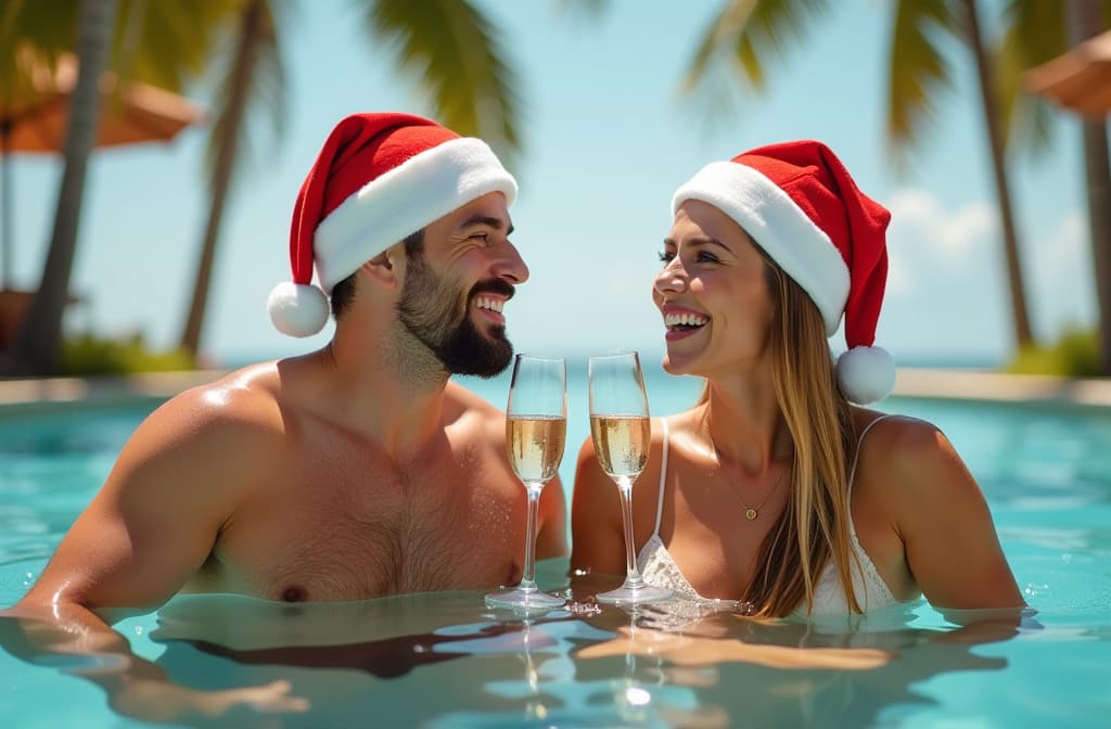  young couple sitting in a pool on vacation against the backdrop of palm trees, wearing a santa claus hat, drinking champagne and laughing {prompt}, maximum details