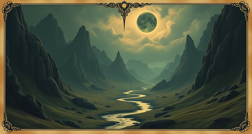  a vast landscape with deceptive illusions, mirages, shadows lurking, dark corners, confusing paths, obscured vision. an illustration in the style of a worn, mystical old tarot trump card, mysterious and elements of surrealism. the colors are muted, somber and eerie, but with contrast bring out an occult and esoteric vibe.