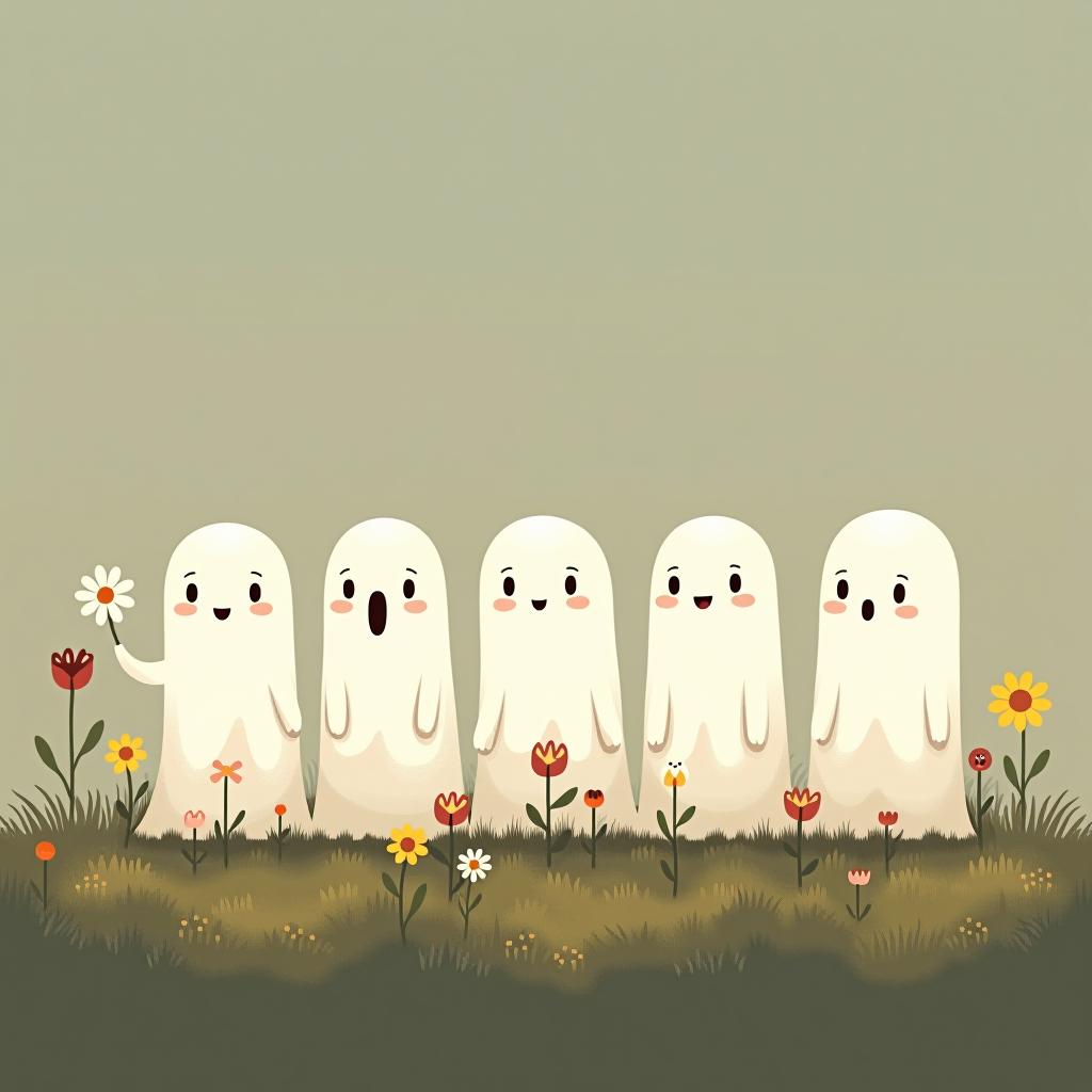  create a digital illustration featuring a row of three to five cute, cartoonish ghost characters, each with a different appearance, standing in different positions within sparse, life like wildflowers.