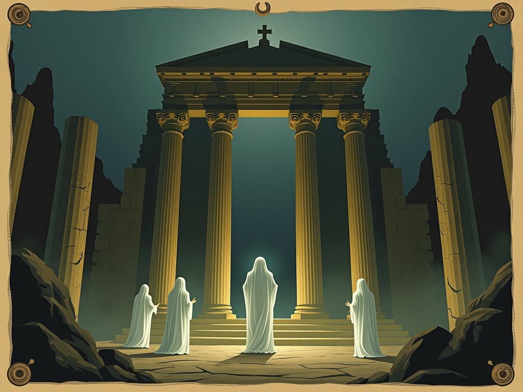  faint spirit figures around an ancient structure, subtly illuminated, appearing protective, guiding, ethereal glow, ancient roman setting, serene, guarding spirits. an illustration in the style of a worn, mystical old tarot trump card, mysterious and elements of surrealism. the colors are muted, somber and eerie, but with contrast bring out an occult and esoteric vibe.