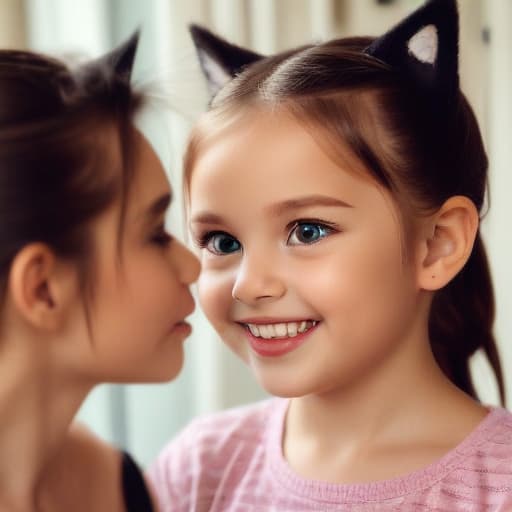 A little girl in ponytail , a cat eyes look smile at her mom happily .