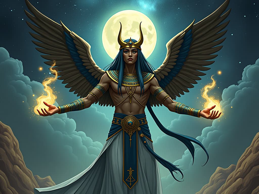  ancient deity, with a celestial aura, controlling the elements, symbolizing not being at the mercy of external forces. the style is digital art illustration / modern comic book / mysterious occult, symbolic, esoteric vibe,high detail on character design, incorporating ancient egyptian symbology and attire.