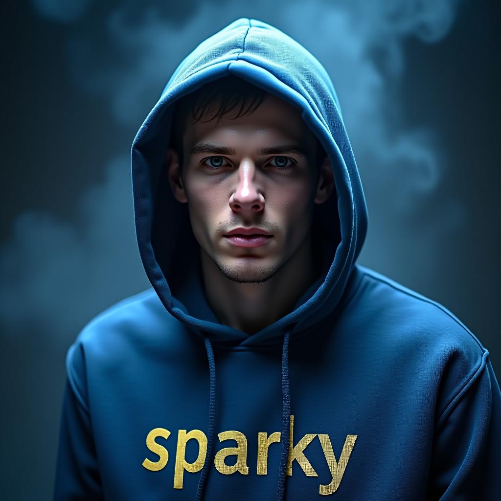  white man master of crypto with a blue hoodie with sparky written on hoodie hyperrealistic, full body, detailed clothing, highly detailed, cinematic lighting, stunningly beautiful, intricate, sharp focus, f/1. 8, 85mm, (centered image composition), (professionally color graded), ((bright soft diffused light)), volumetric fog, trending on instagram, trending on tumblr, HDR 4K, 8K