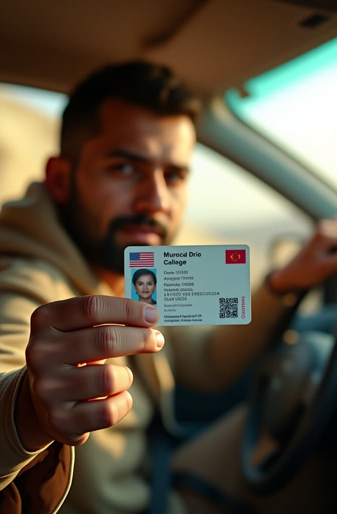  picture of a driver holding a us license in morocco hyperrealistic, full body, detailed clothing, highly detailed, cinematic lighting, stunningly beautiful, intricate, sharp focus, f/1. 8, 85mm, (centered image composition), (professionally color graded), ((bright soft diffused light)), volumetric fog, trending on instagram, trending on tumblr, HDR 4K, 8K