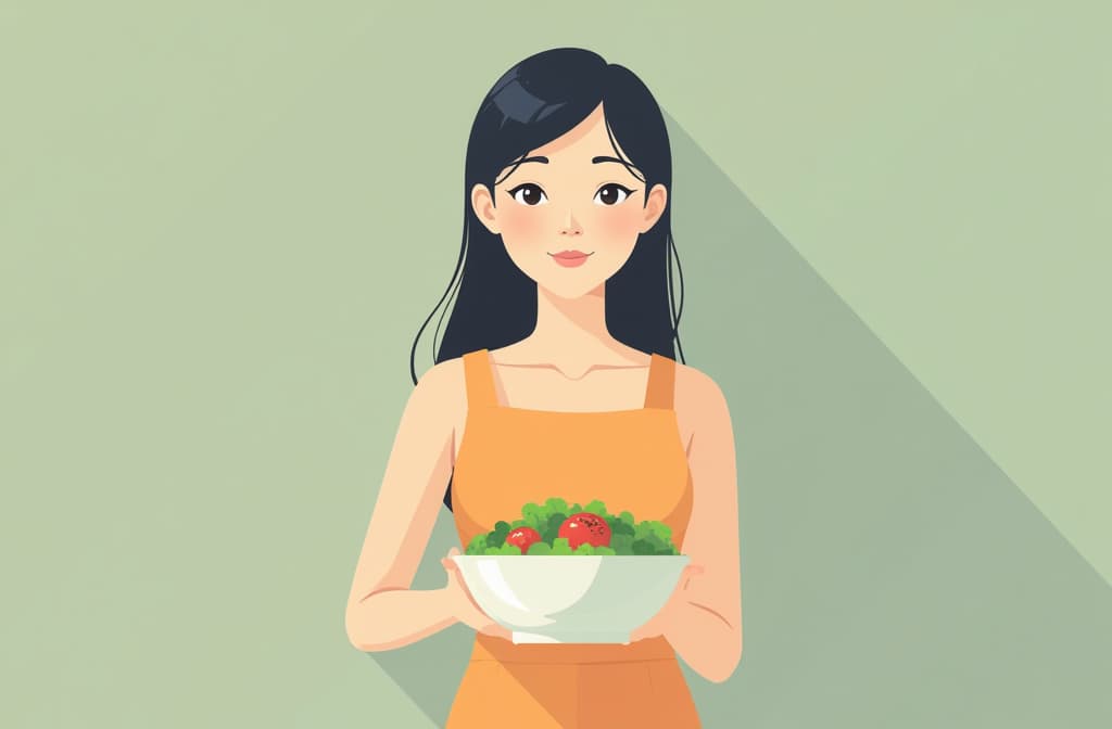  flat illustration, flaticon, (illustration:1.15), a beautiful korean woman holding a salad bowl simple ar 3:2, [cory loftis, strobist, pascal campion :: 0.2]