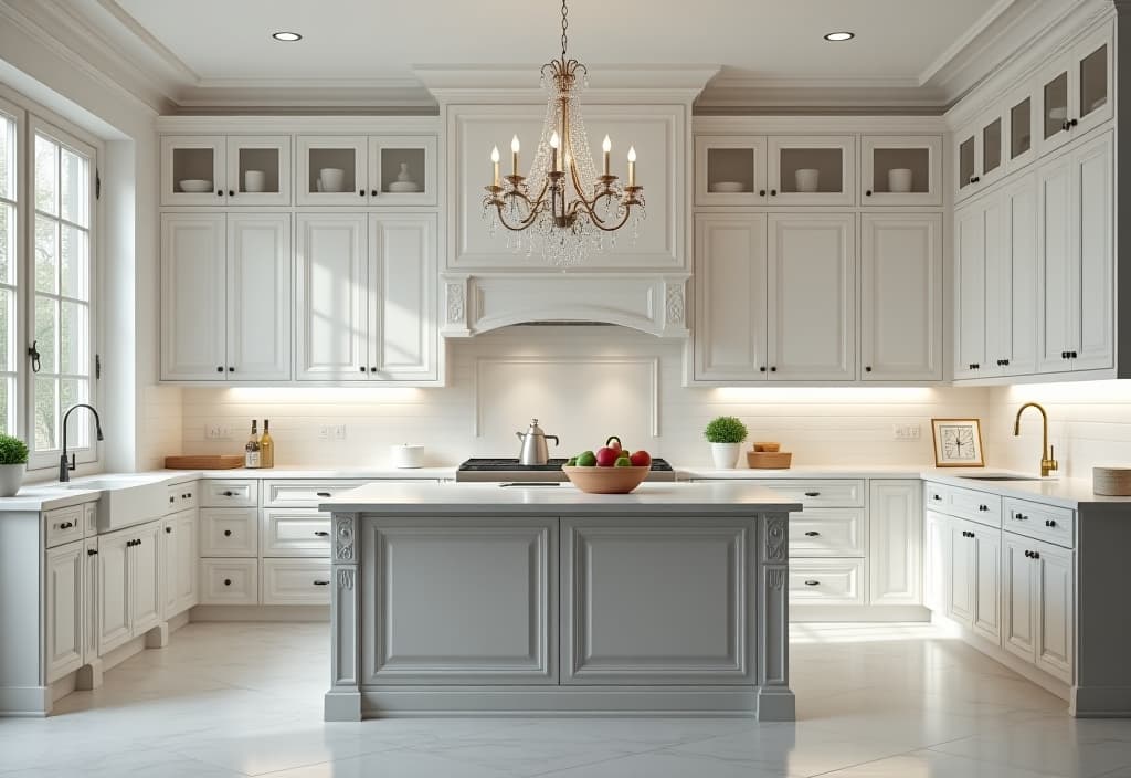  a landscape photo of a classic white kitchen with raised panel cabinets, marble countertops, a subway tile backsplash, and a crystal chandelier hanging over a central island with ornate details hyperrealistic, full body, detailed clothing, highly detailed, cinematic lighting, stunningly beautiful, intricate, sharp focus, f/1. 8, 85mm, (centered image composition), (professionally color graded), ((bright soft diffused light)), volumetric fog, trending on instagram, trending on tumblr, HDR 4K, 8K