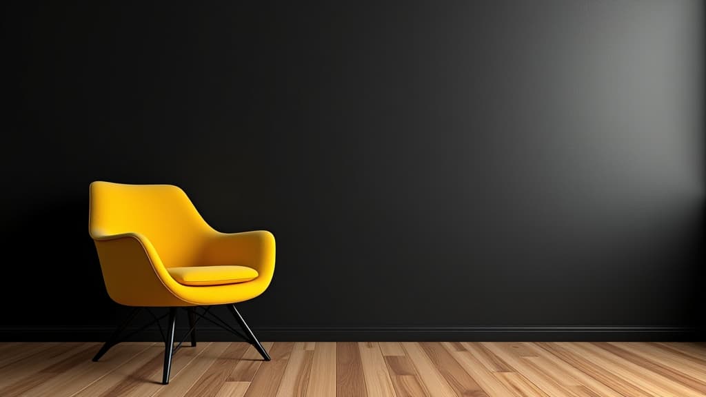  a yellow chair contrasts against the black wall in a room with a wooden floor the black wall bears written text