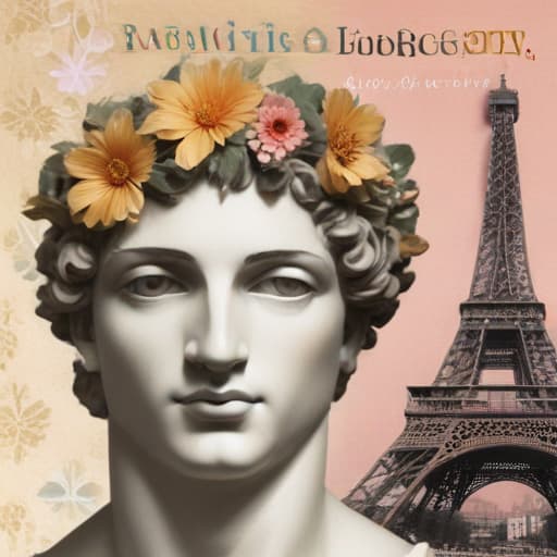 Book cover of book entitled LUDOVIC (in a vogue type font at top of page) a romance novel cult book cover aesthetic, with a collage below the title LUDOVIC featuring : a bacchus head like a Roman statue, a champagne glass, keith baring flower head drawing, and an Eiffel Tower in Mythological style with City background