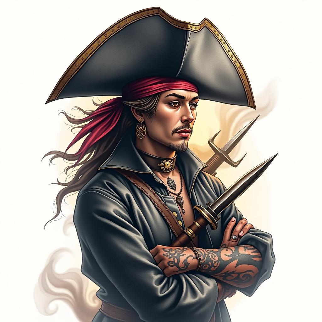  pirateshippirateship. generate a professional tattoo design. the tattoo design should be isolated and centered. place the tattoo on a solid white background. hyperrealistic, full body, detailed clothing, highly detailed, cinematic lighting, stunningly beautiful, intricate, sharp focus, f/1. 8, 85mm, (centered image composition), (professionally color graded), ((bright soft diffused light)), volumetric fog, trending on instagram, trending on tumblr, HDR 4K, 8K